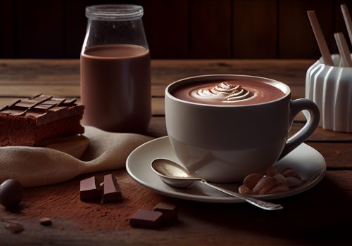 hot chocolate on rustic wooden table , generative artificial intelligence